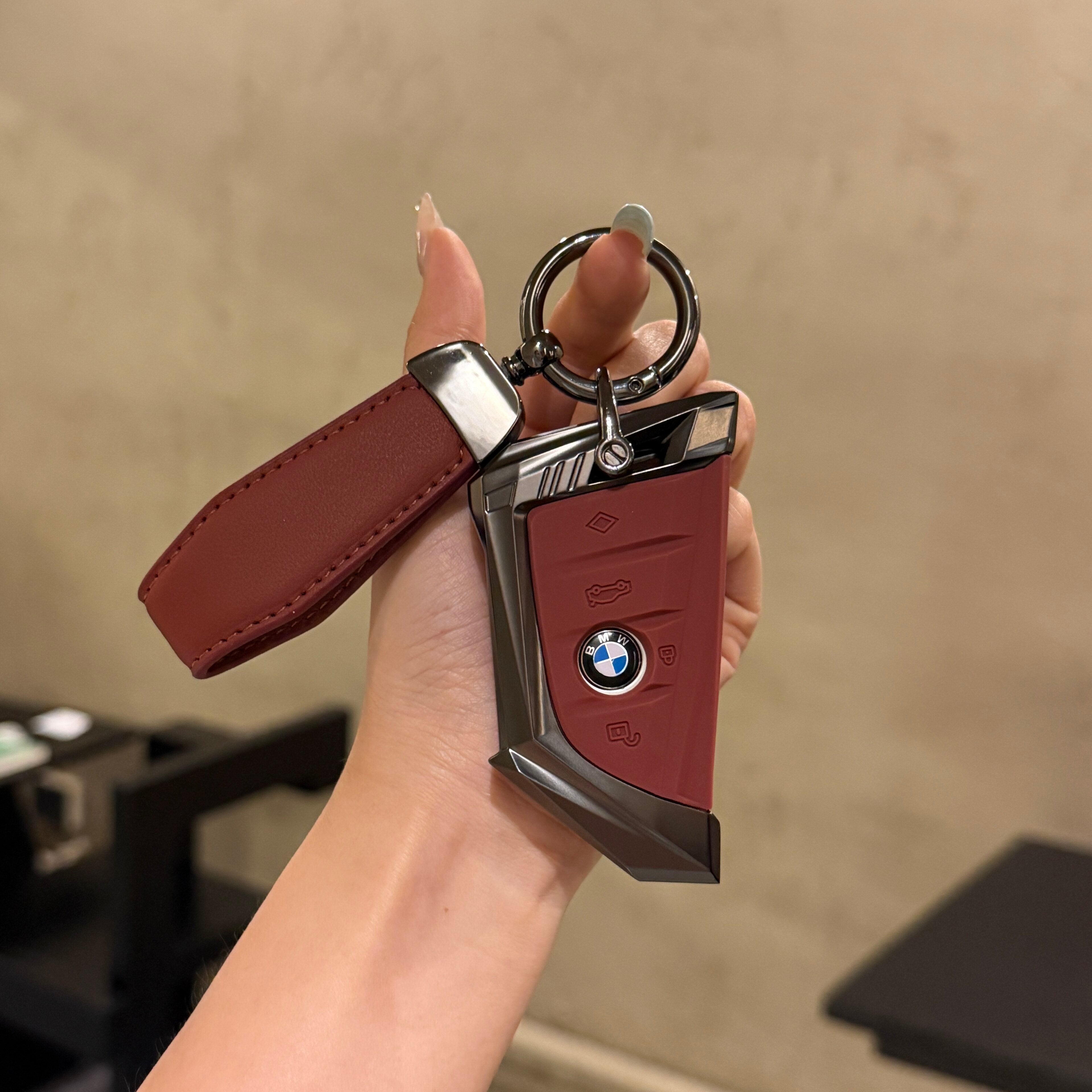 BMW Smart Key Fob Case - Style A, Black Shell / Red Interior, + Genuine Leather Keychain