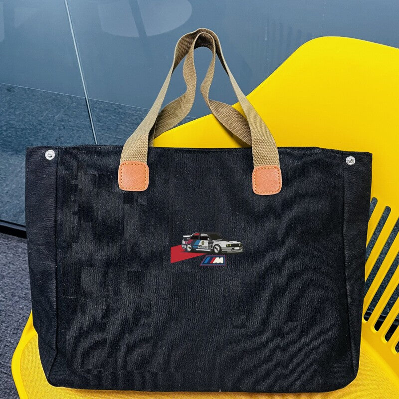 BMW canvas tote bag black with vintage race car print