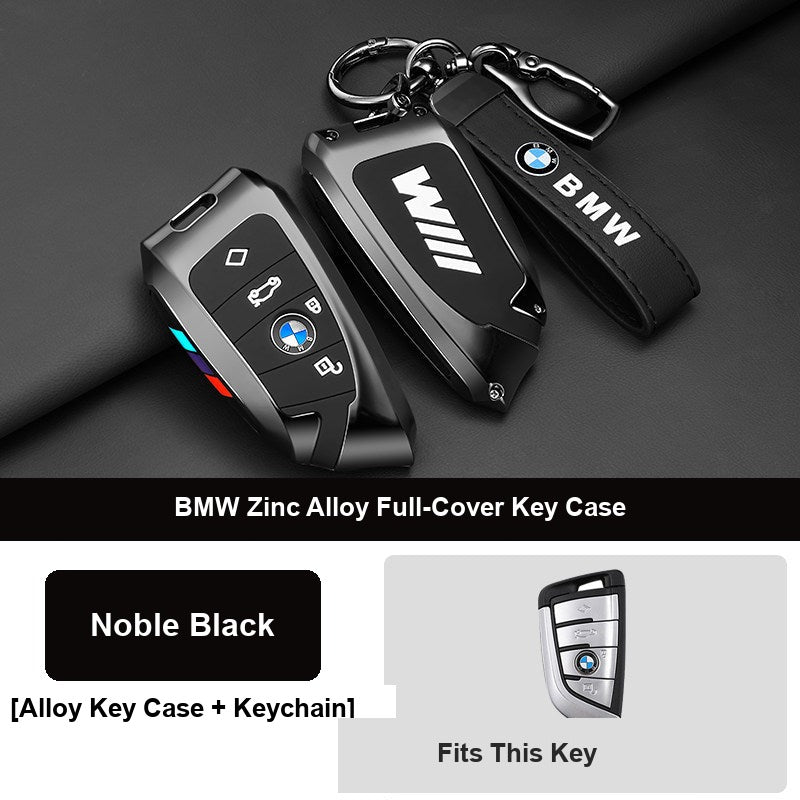 Noble black BMW key fob case Style D with leather keychain buckle, alternate angle