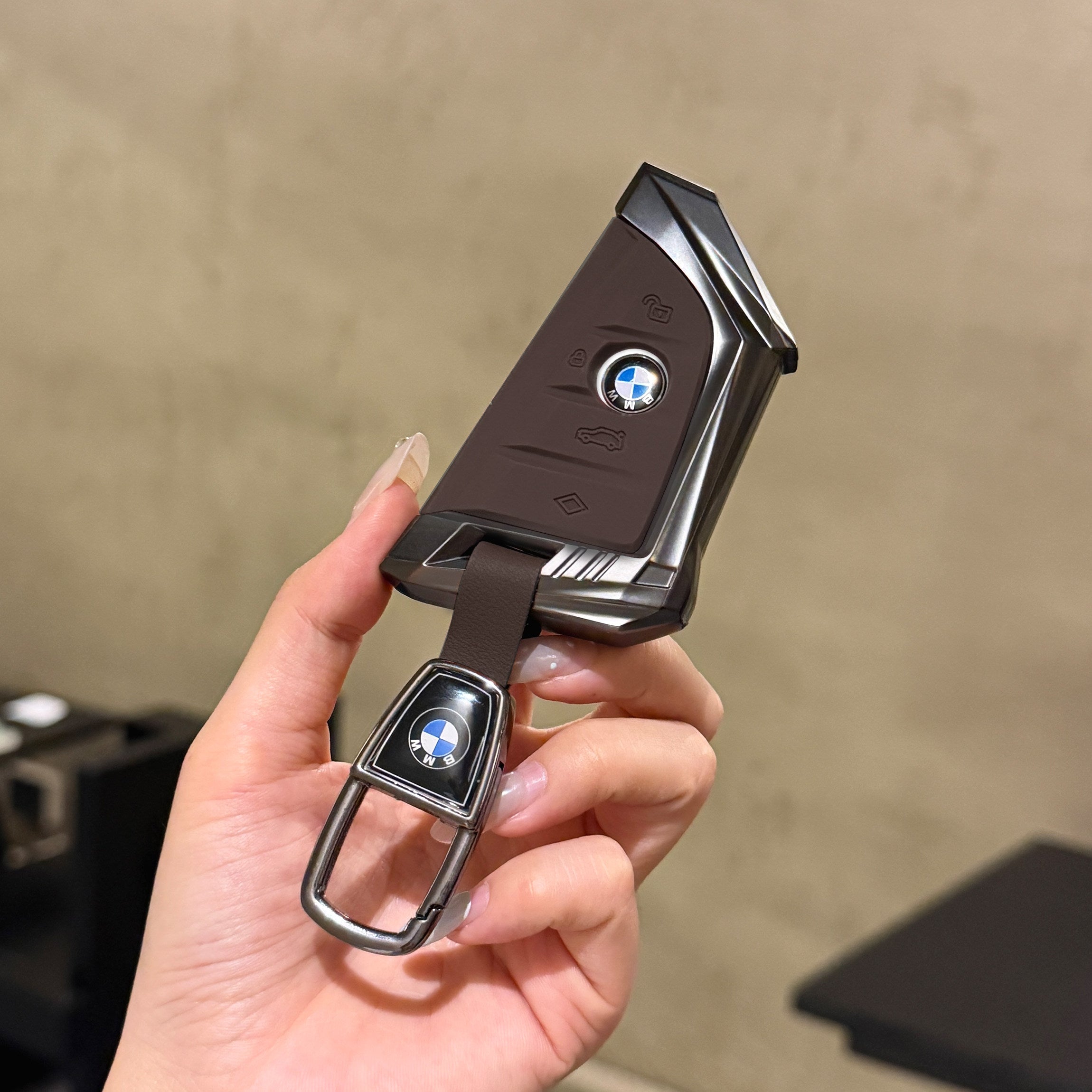 BMW Smart Key Fob Case - Style A, Black Shell / Brown Interior, + Metal Buckle