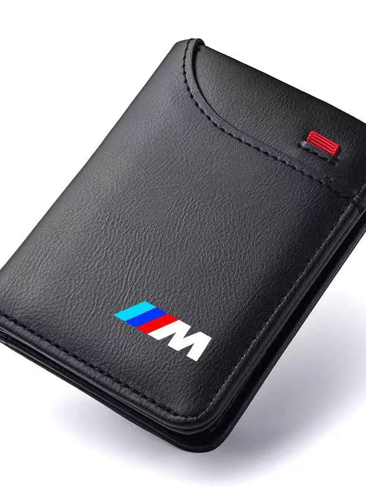 BMW leather wallet black with M stripe logo, front view
