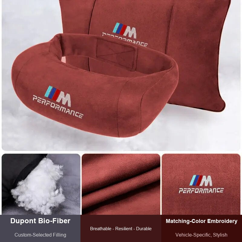 BMW M Performance neck pillow and lumbar support set with fabric and logo detail