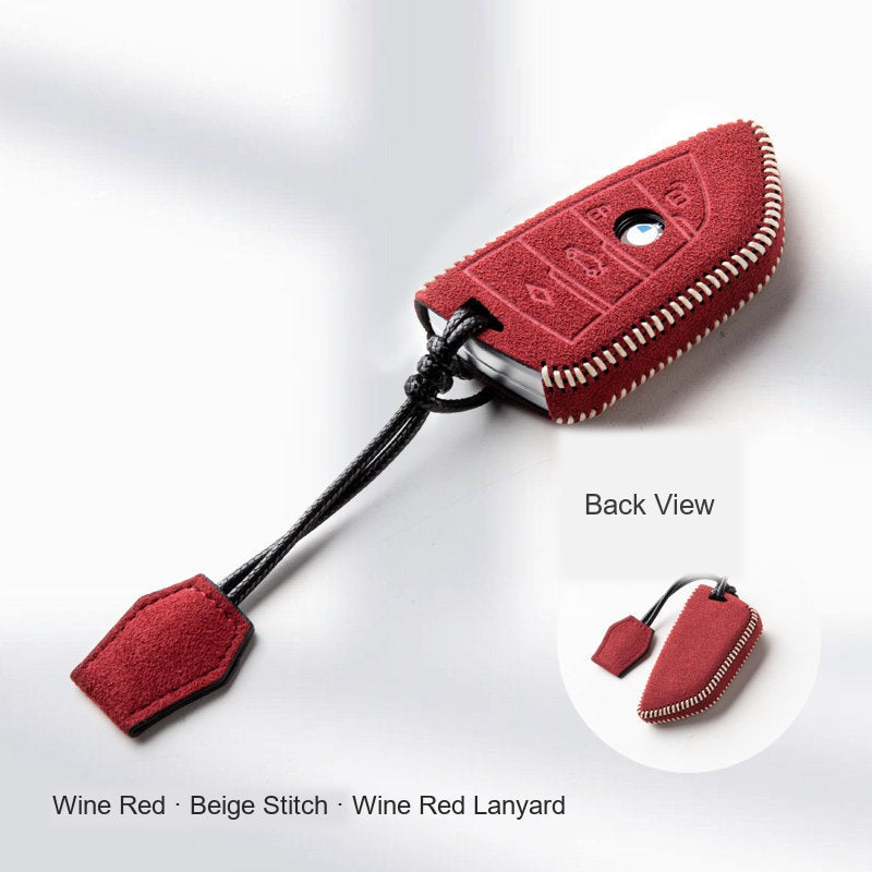 BMW Alcantara Key Fob Case - Style 24 - Wine Red / Beige Stitch