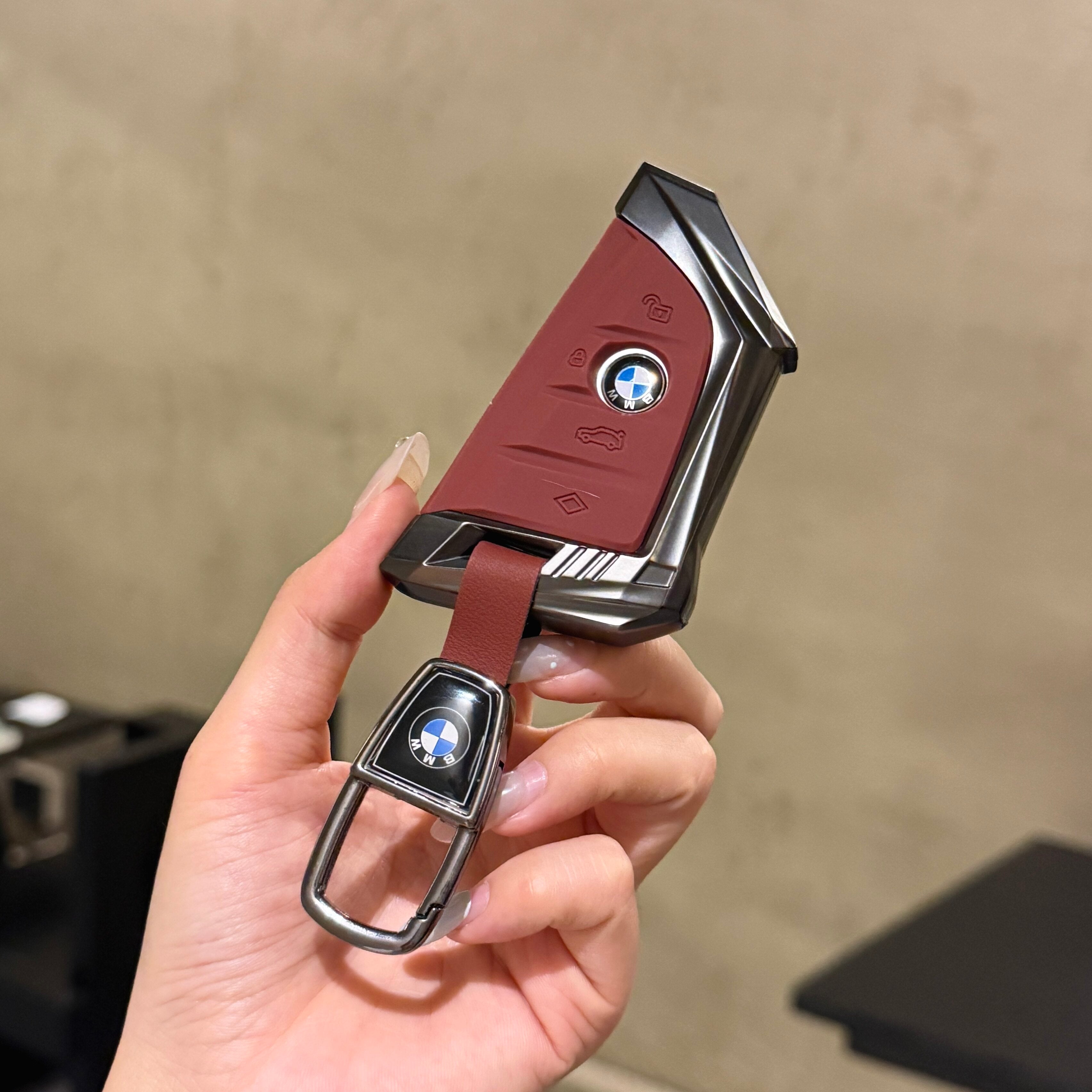 BMW Smart Key Fob Case - Style A, Black Shell / Red Interior, + Metal Buckle