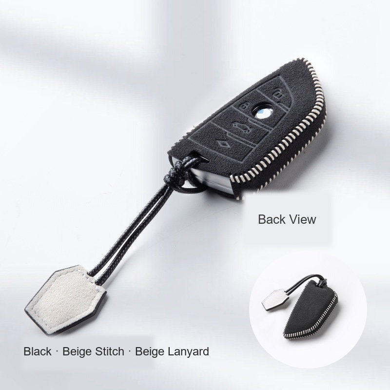 BMW Alcantara Key Fob Case - Style 6 - Black / Beige Stitch