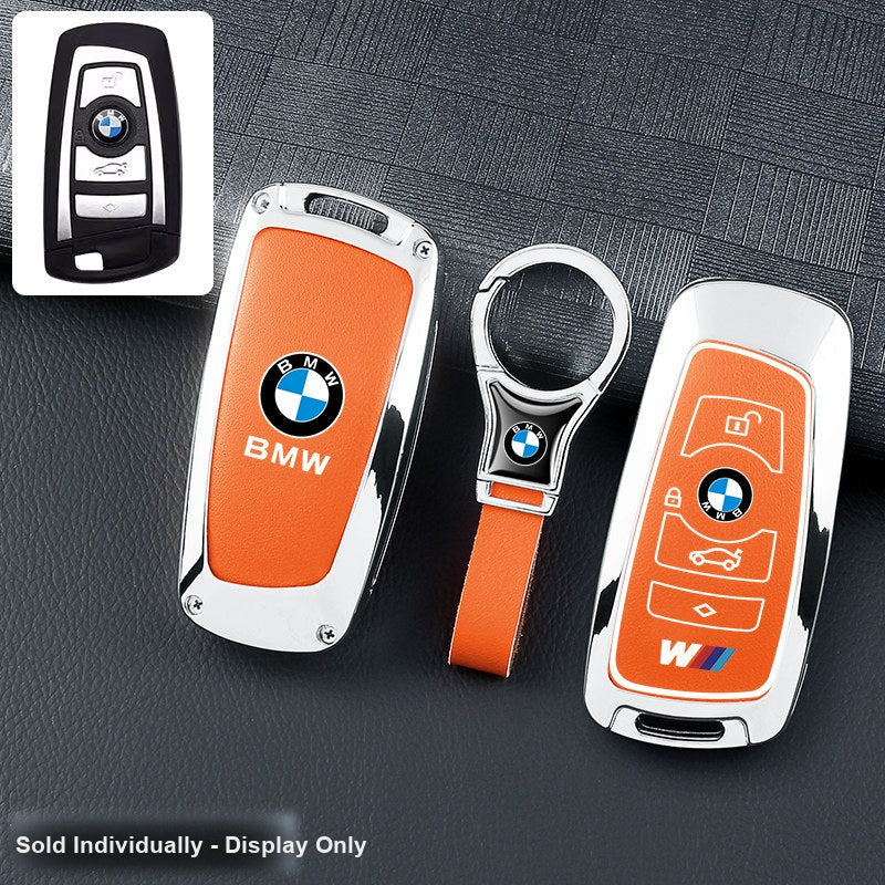 BMW key fob cover - silver frame orange leather panel with ring keychain
