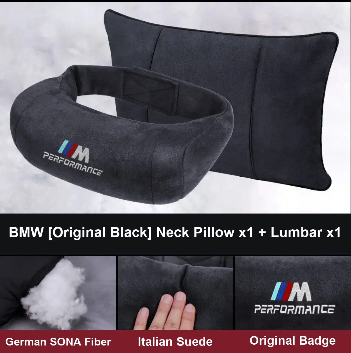 BMW M Performance neck pillow and lumbar support set, original black, 1 plus 1