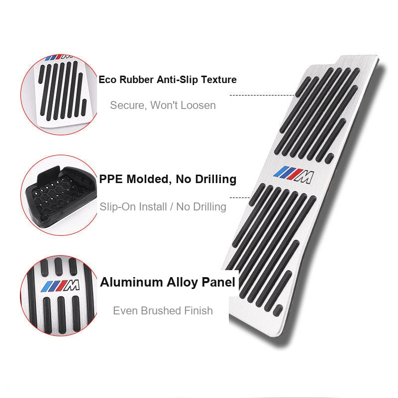 Close-up of BMW single dead pedal cover features - anti-slip texture and aluminum panel