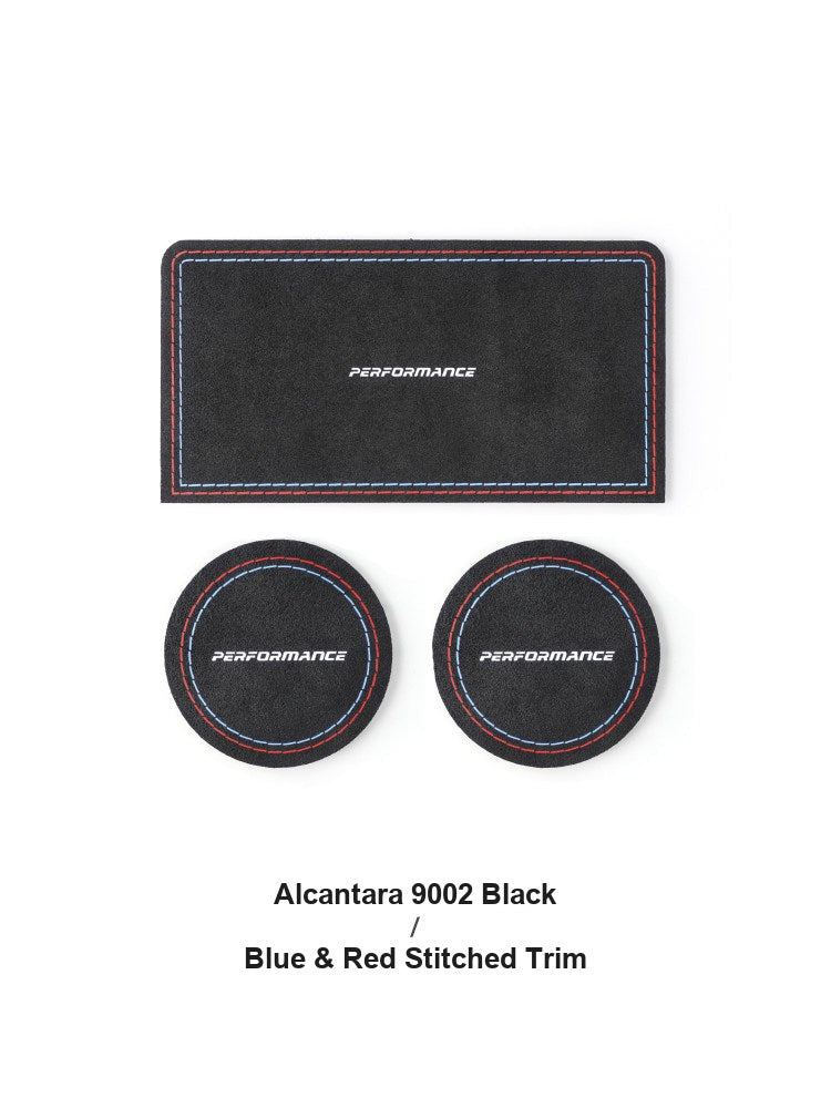 BMW Alcantara cup mat and storage mat set with blue and red stitching