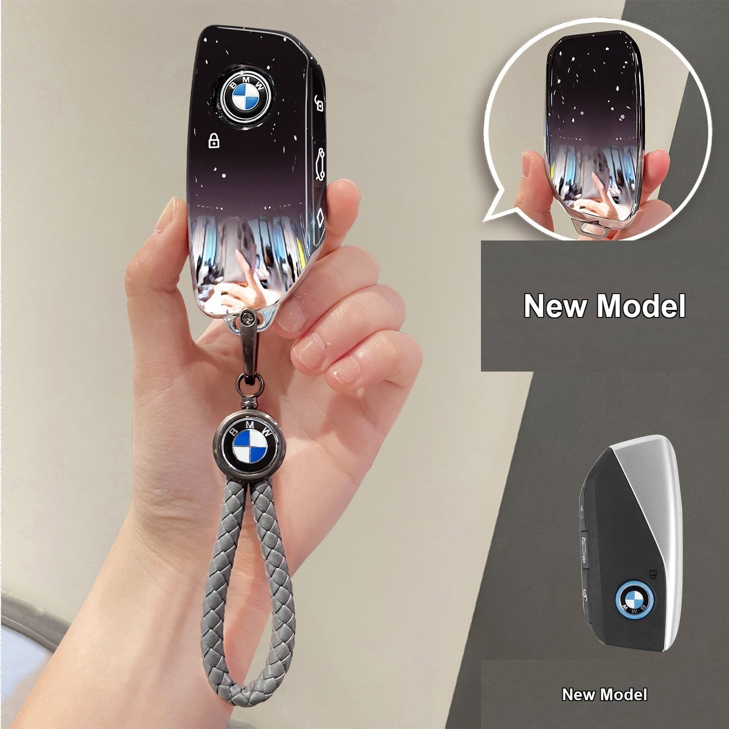 BMW key case New Model - Starry Black + Car Logo Braided Cord