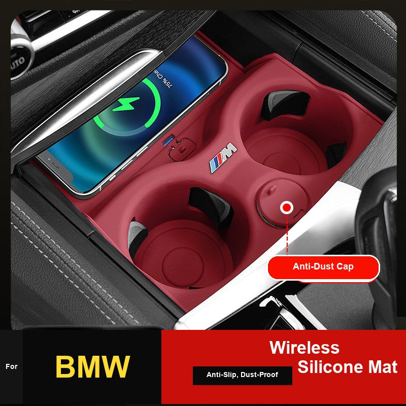 BMW center console wireless charging cup mat, red silicone with phone charging
