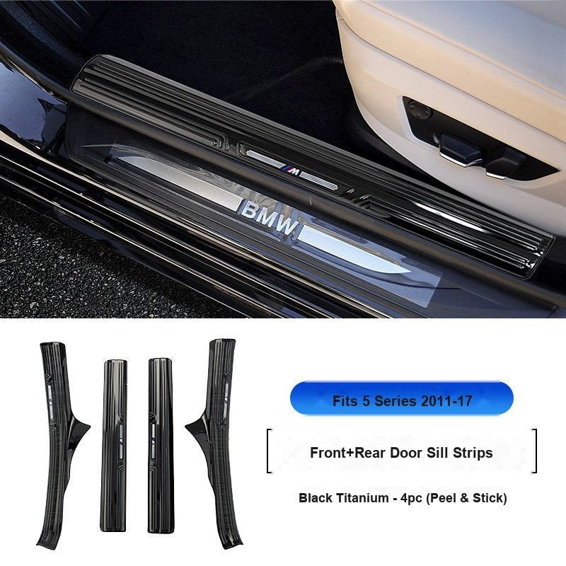 BMW 2011-2017 5 Series Long Wheelbase Door Sill Strip - 4-Piece (Interior Only) - Black Titanium Stainless Steel Scuff Plate Guard