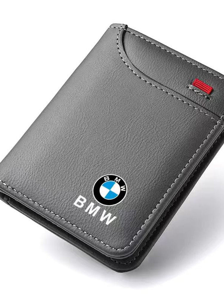 BMW leather wallet gray with M stripe logo, front view