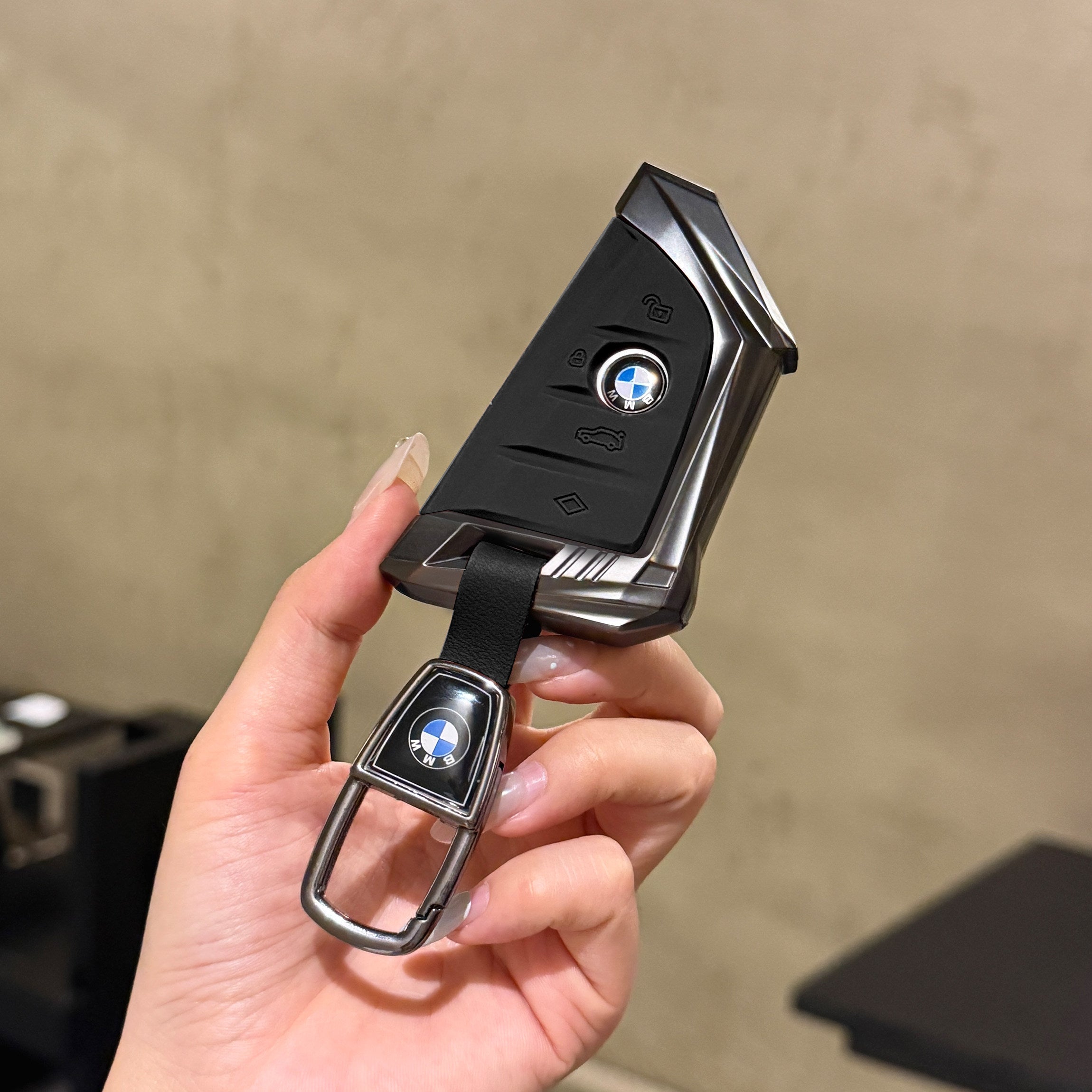 BMW Smart Key Fob Case - Style A, Black Shell / Black Interior, + Metal Buckle