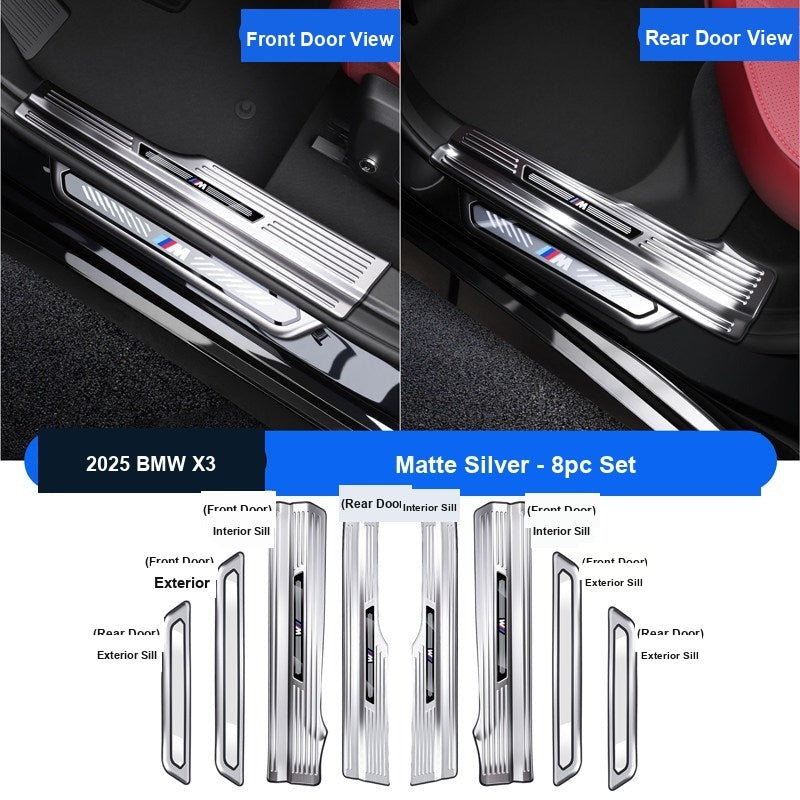 BMW 2025-2026 X3 Door Sill Strip - 8-Piece (Interior + Exterior) - Silver Stainless Steel Scuff Plate Guard