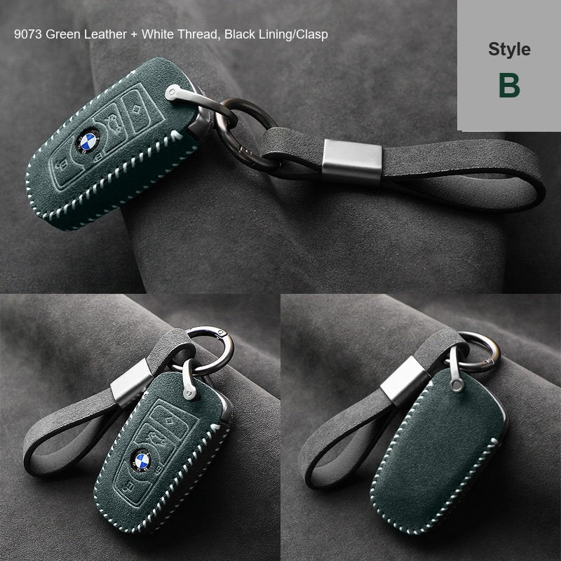 BMW key case Style B 9073 Green leather white thread