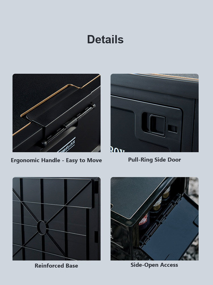 Close-up detail views of BMW trunk storage box handle, door, base and side access