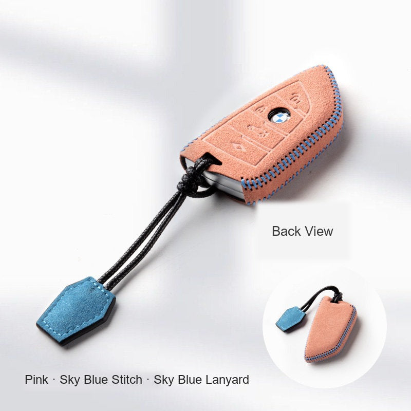 BMW Alcantara Key Fob Case - Style 16 - Pink / Sky Blue Stitch