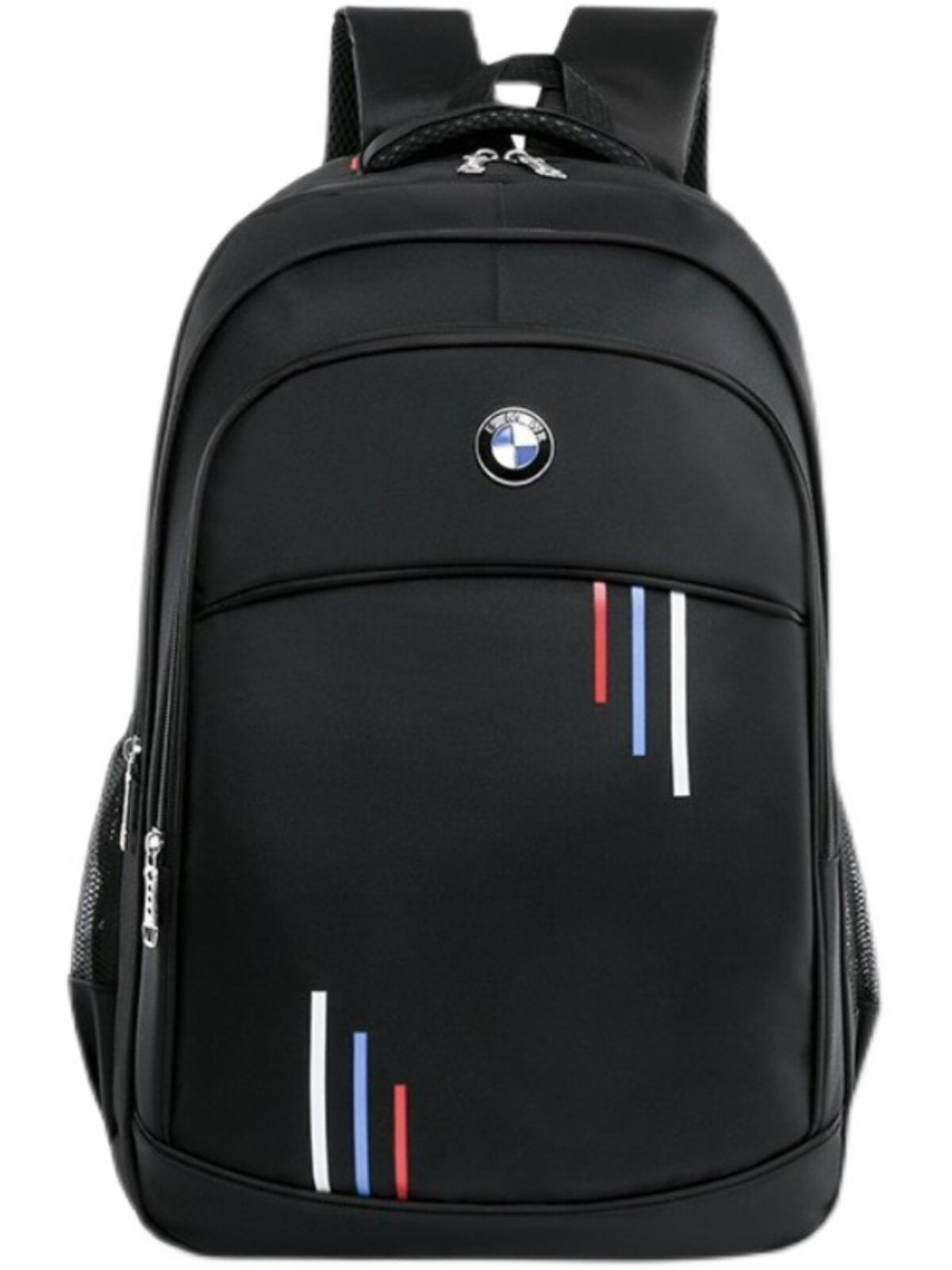 BMW logo backpack front view showing roundel badge and M-stripe design