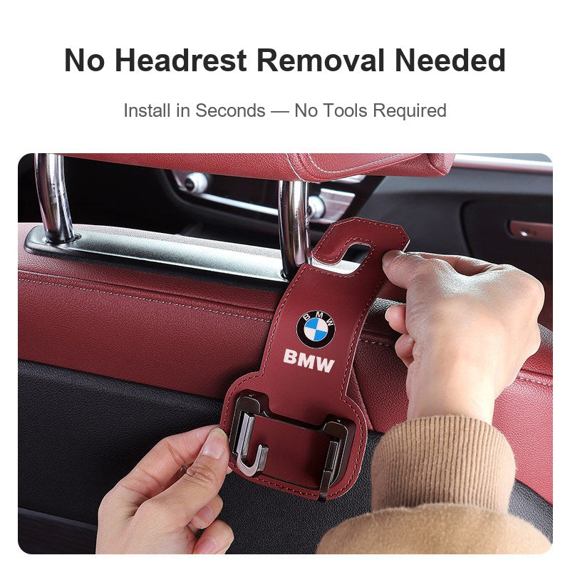 BMW seat hook no-tools installation, clips onto headrest without removal