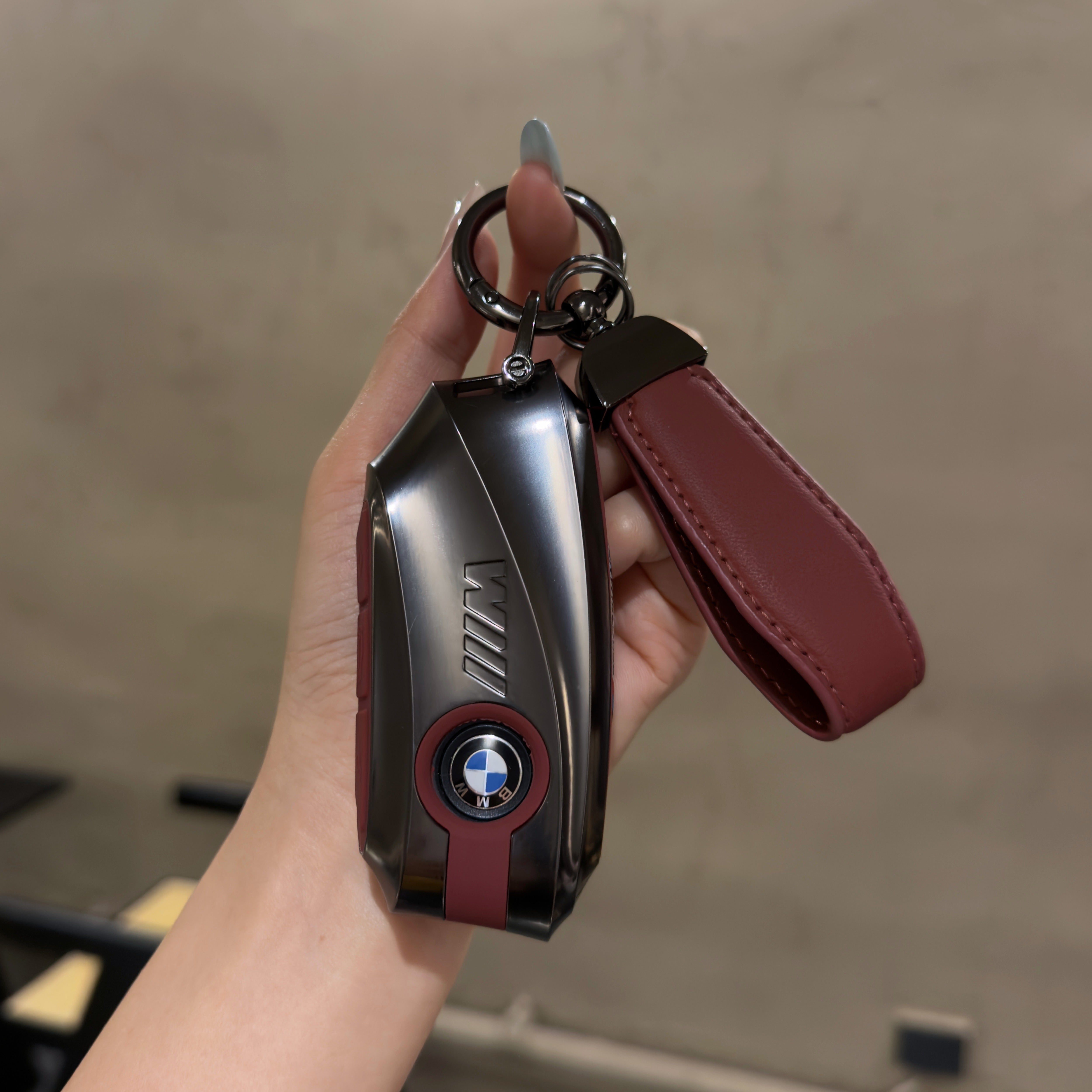 BMW Smart Key Fob Case - Style D, Black Shell / Red Interior, + Genuine Leather Keychain