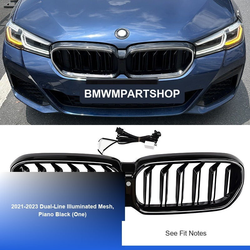 BMW 5 Series Grille - 2021-2023 Dual-Line Illuminated Mesh, Piano Black (One)