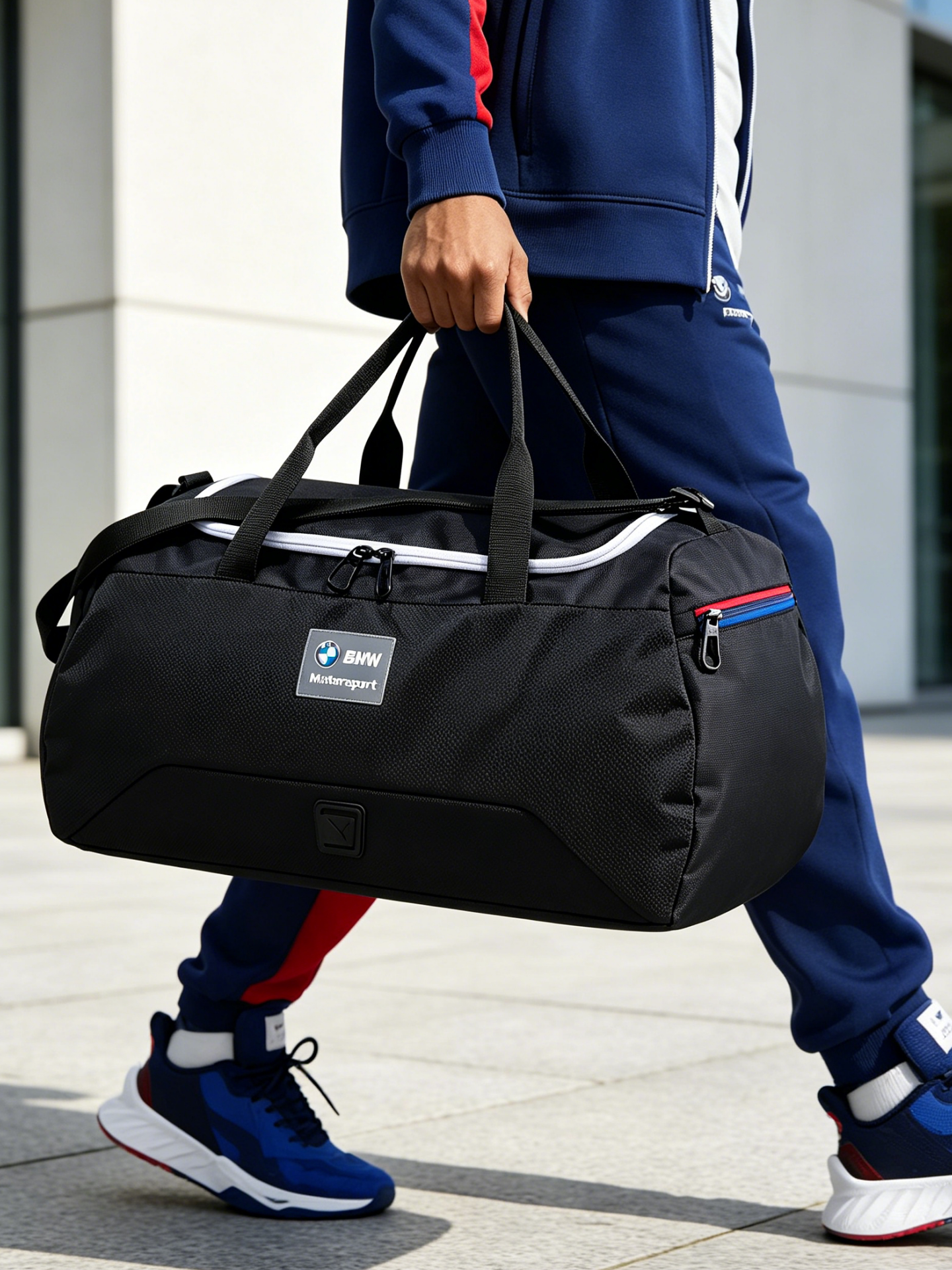 Man walking while carrying black BMW M Motorsport duffel bag by the handles