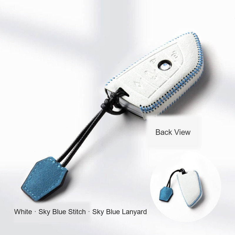 BMW Alcantara Key Fob Case - Style 17 - White / Sky Blue Stitch