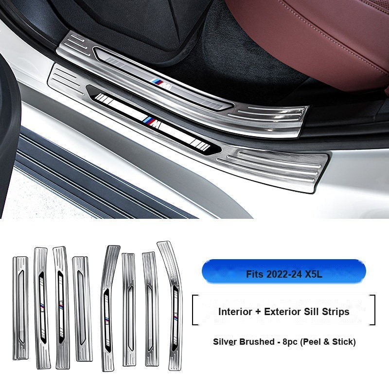 BMW 2022-2026 X5L (China Long Wheelbase) Door Sill Strip - 8-Piece (Interior + Exterior) - Silver Stainless Steel Scuff Plate Guard