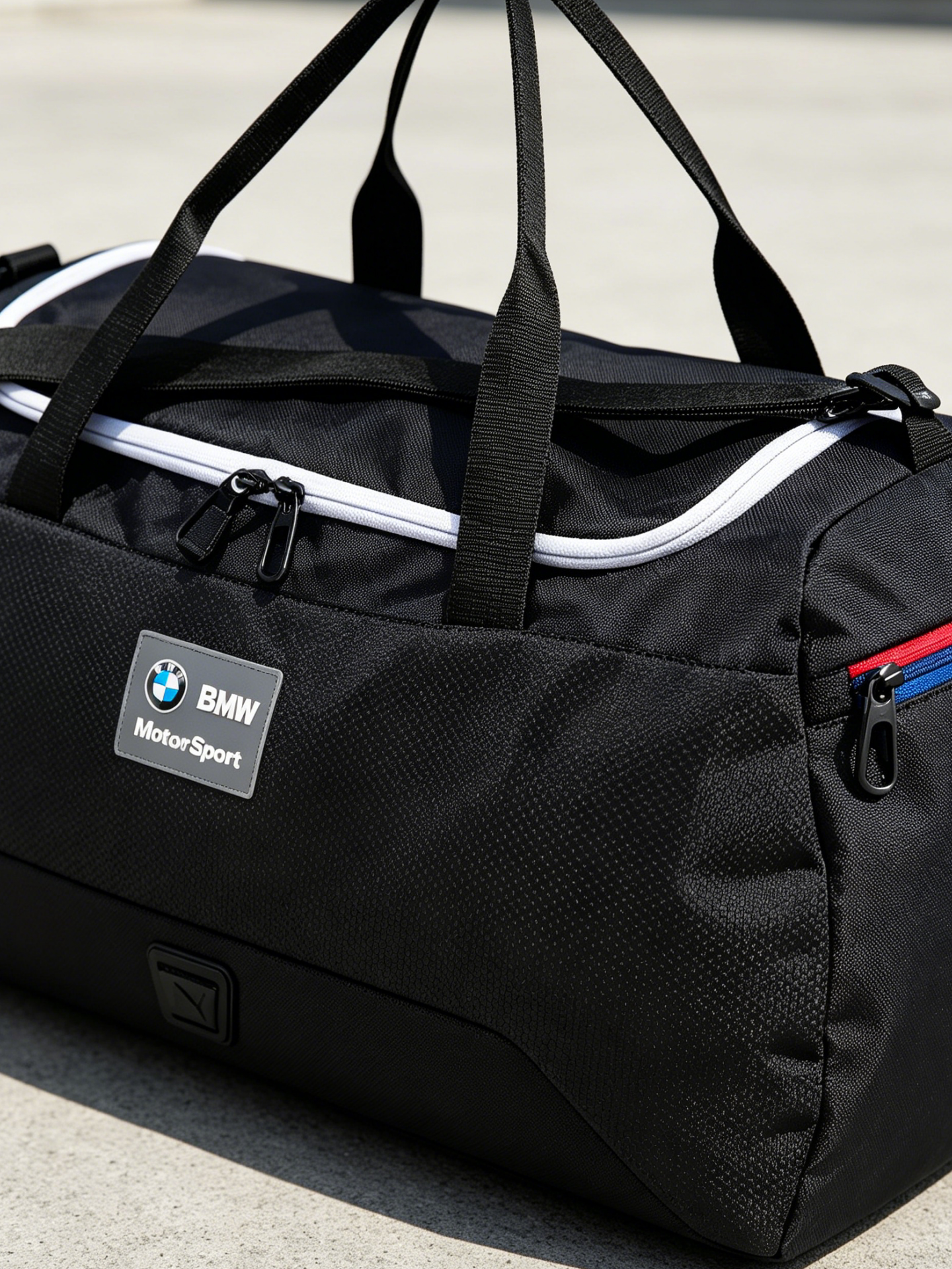 Close-up of BMW M Motorsport duffel bag logo badge and zipper details