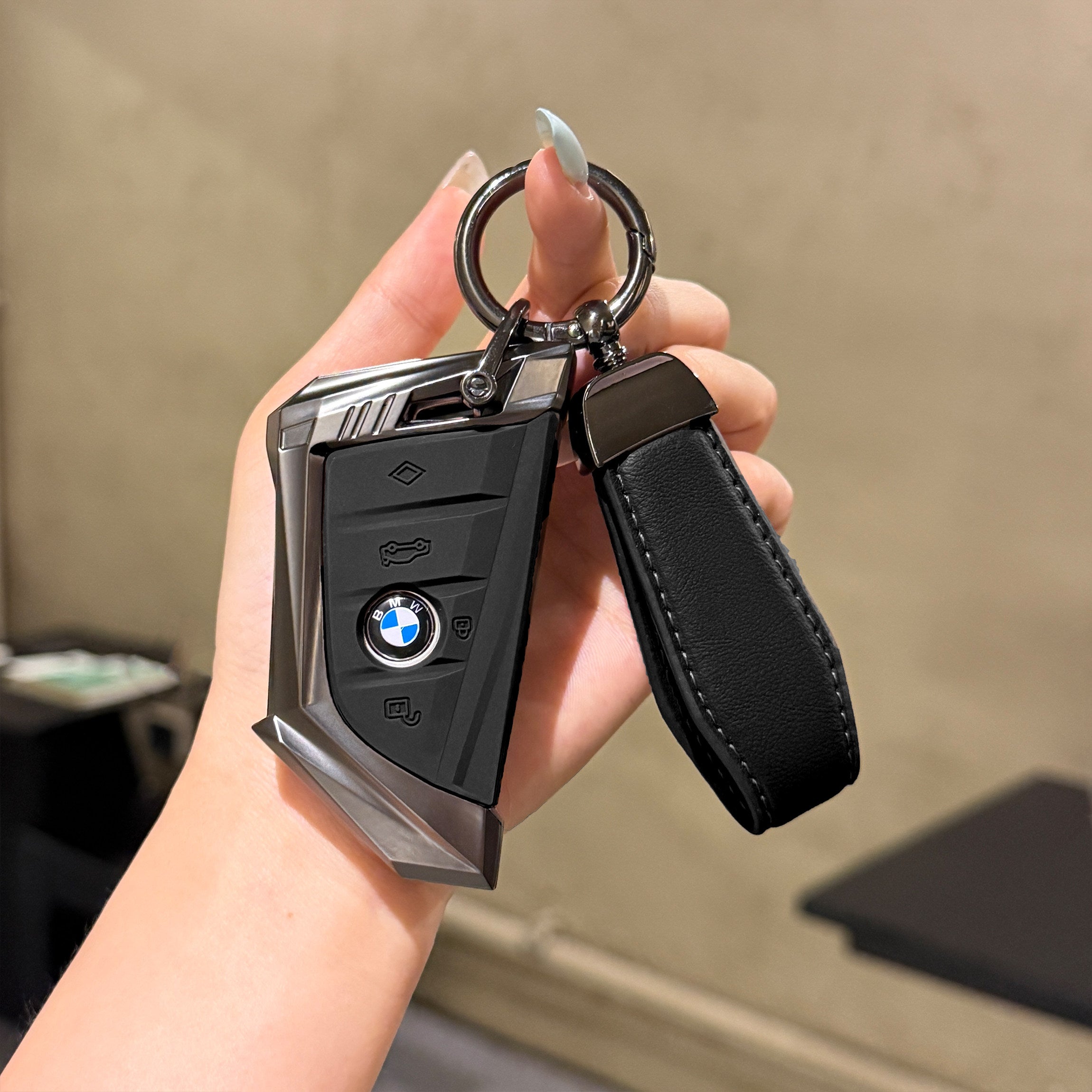 BMW Smart Key Fob Case - Style A, Black Shell / Black Interior, + Genuine Leather Keychain