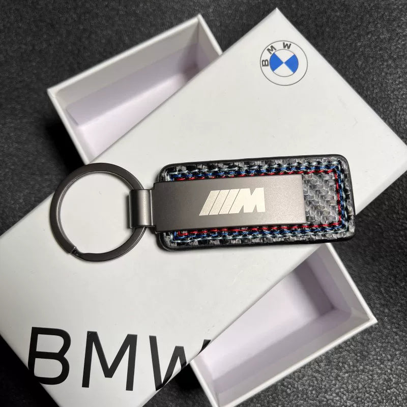 BMW M carbon fiber keychain with metal ring in branded BMW gift box