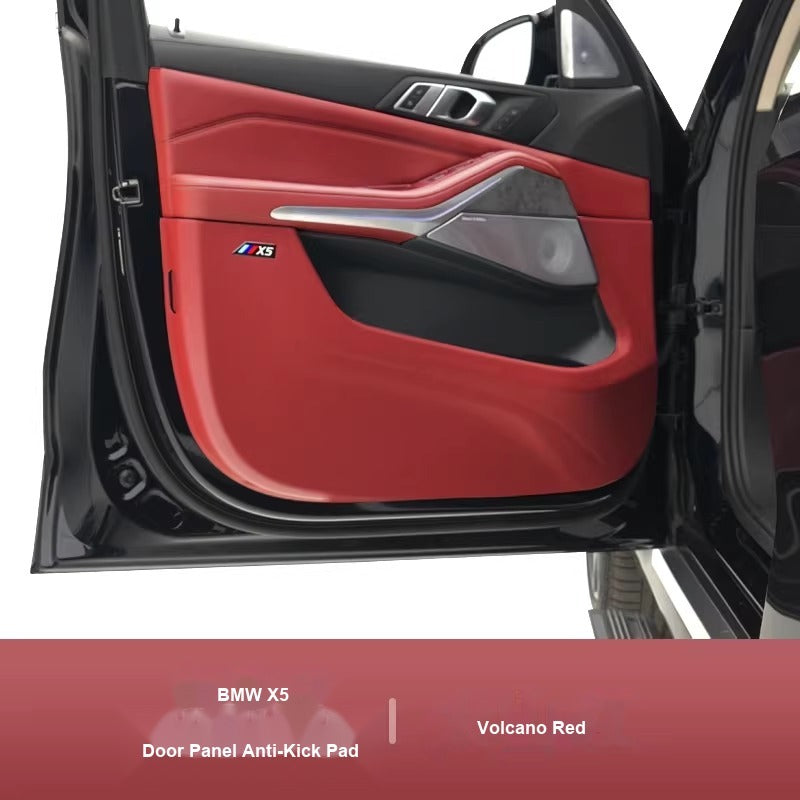 BMW 2022-2026 X5L - Leather Door Anti-Kick Pads, Volcano Red (4-Piece) - Carbon Fiber Anti-Kick Pad