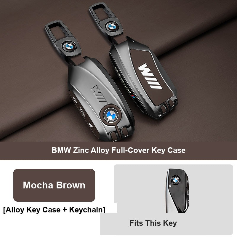 Mocha brown BMW key fob case with leather keychain buckle