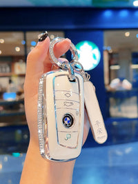 BMW Key Case - Diamond-Studded Cream White TPU Cover with Charm