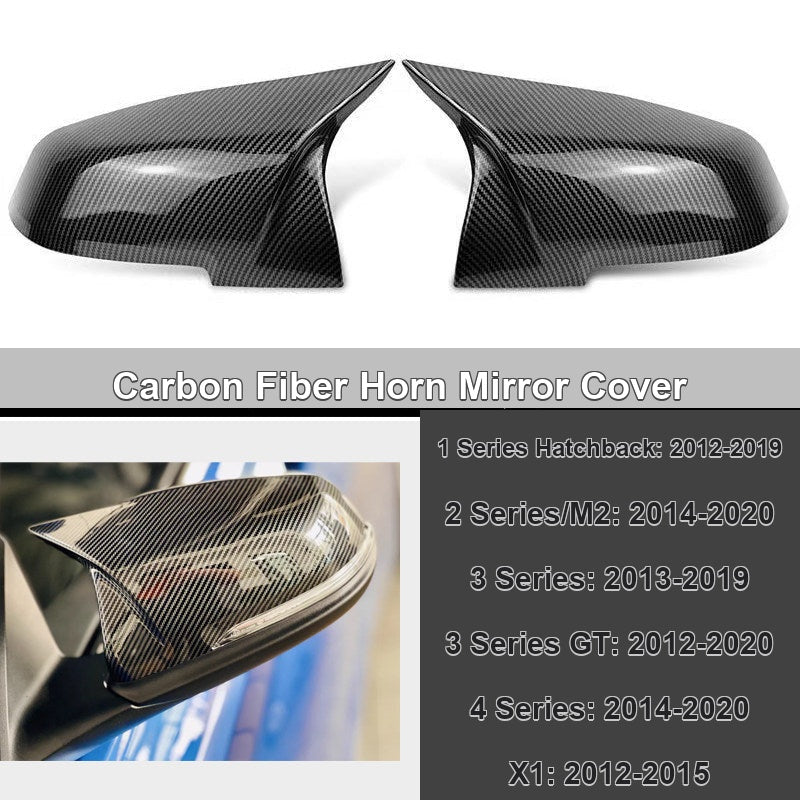 BMW carbon fiber horn mirror cover with fitment chart - 1 Series, 2 Series/M2, 3 Series, 3 Series GT, 4 Series, X1