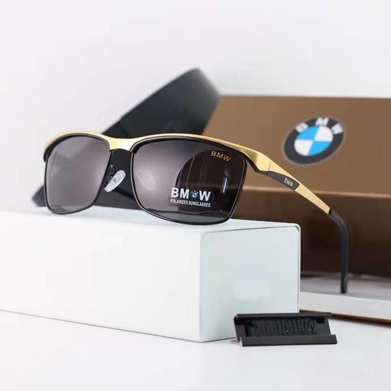 Black and gold frame BMW square polarized sunglasses with case