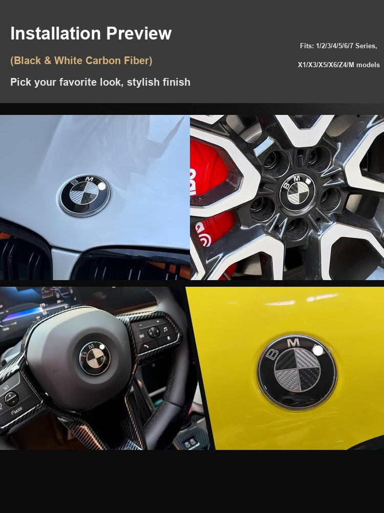 BMW carbon fiber badge installed on hood, wheel center cap, steering wheel, and fender