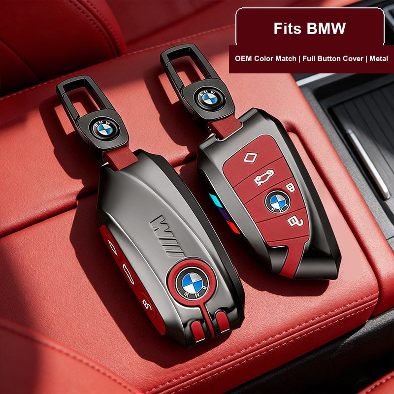 BMW zinc alloy key fob case with leather keychain buckle in car interior