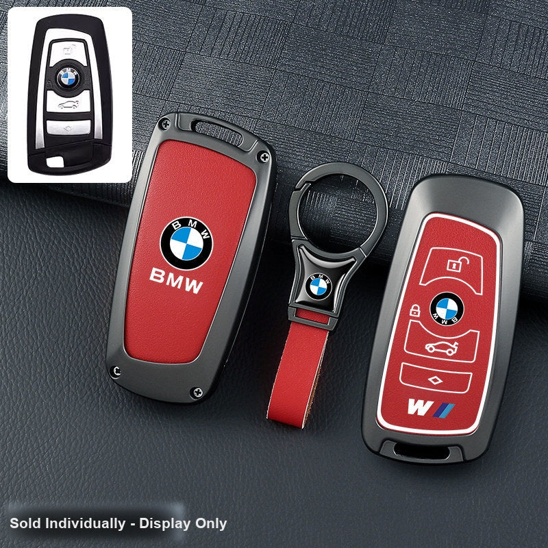 BMW key fob cover - gunmetal frame red leather panel with ring keychain