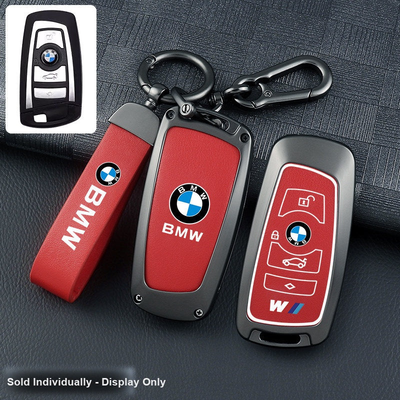 BMW key fob cover - gunmetal frame red leather panel with belt keychain