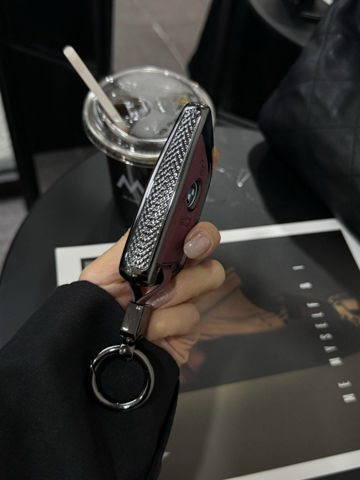 BMW G-Series key case in Dark Feather Red, side profile with chrome trim