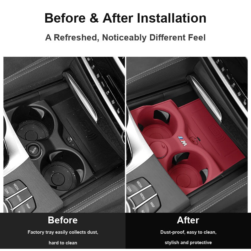 BMW center console before and after installing wireless charging cup mat