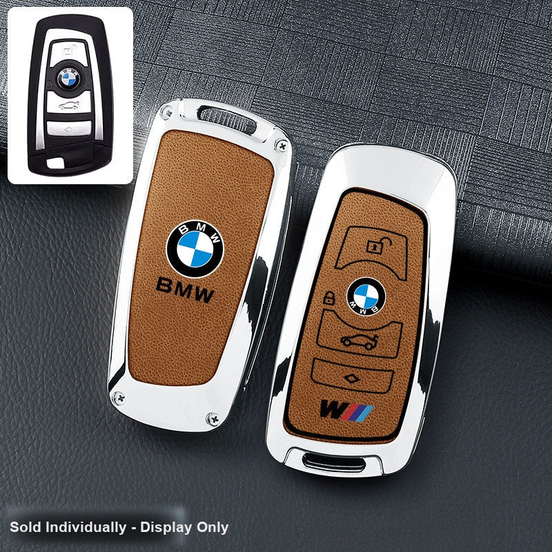 BMW key fob cover - silver frame brown leather panel, shell only