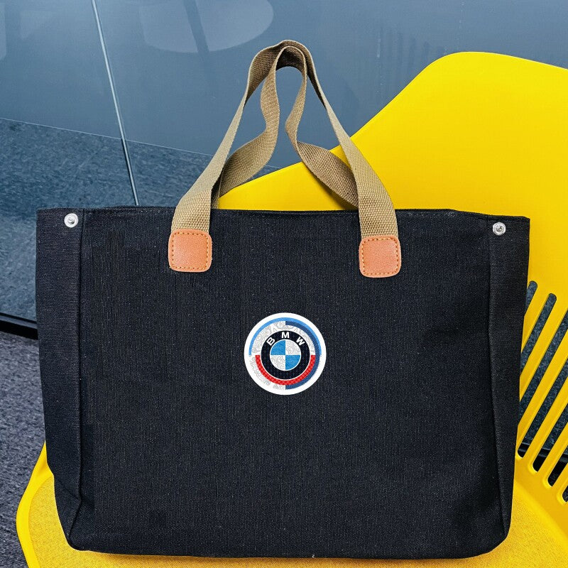 BMW canvas tote bag black with BMW roundel patch