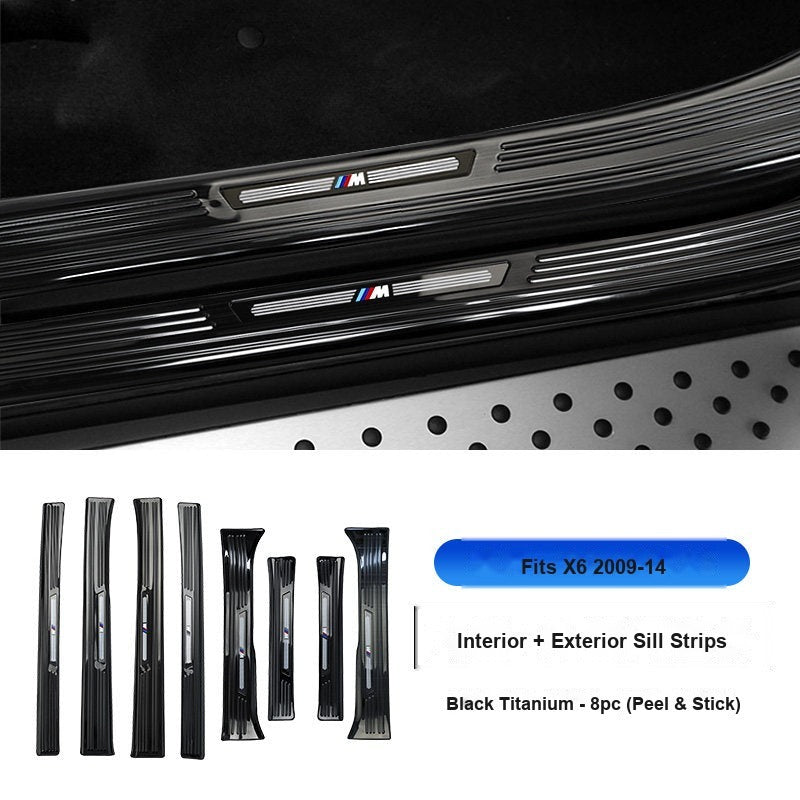 BMW 2009-2014 X6 Door Sill Strip - 8-Piece (Interior + Exterior) - Black Titanium Stainless Steel Scuff Plate Guard