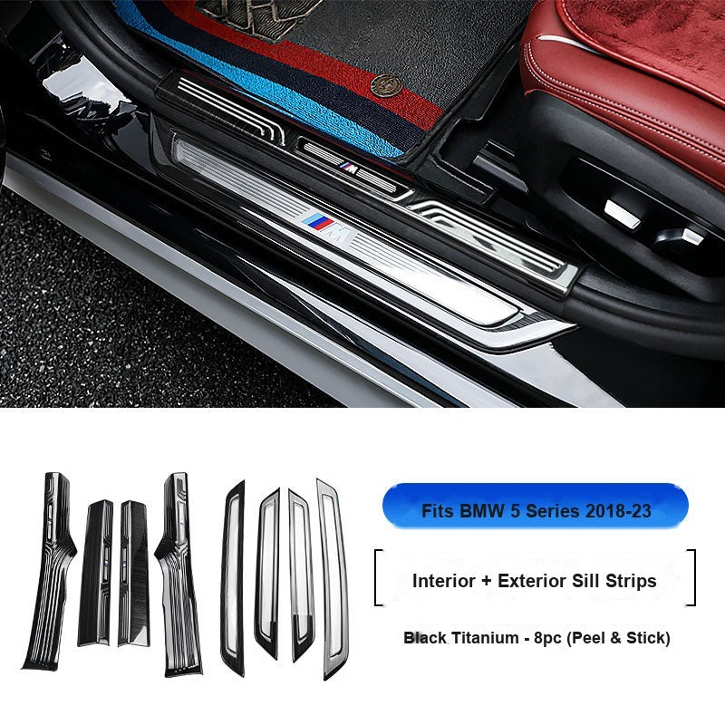 BMW 2018-2023 5 Series Long Wheelbase Door Sill Strip - 8-Piece (Interior + Exterior) - Black Titanium Stainless Steel Scuff Plate Guard