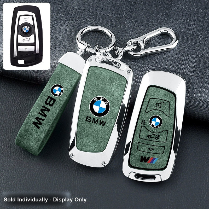 BMW key fob cover - silver frame green leather panel with belt keychain