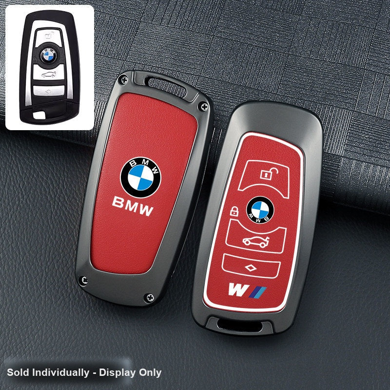 BMW key fob cover - gunmetal frame red leather panel, shell only