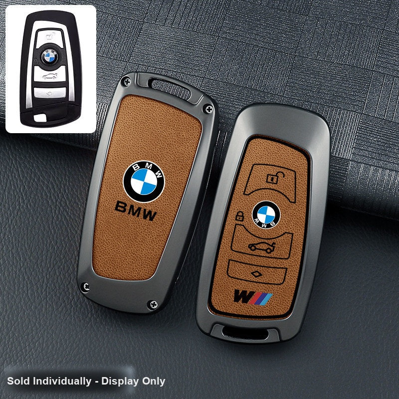 BMW key fob cover - gunmetal frame brown leather panel, shell only